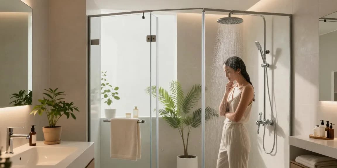 Luxueuze inloopdouche ervaring met elegante armaturen en serene decoratie.
