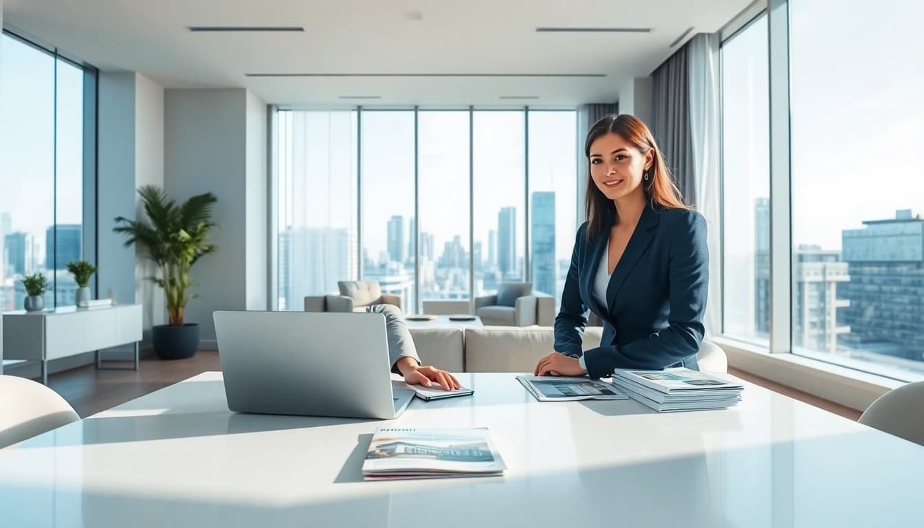 Immobilienmakler Frankfurt Dornbusch presenting luxury properties in modern office.