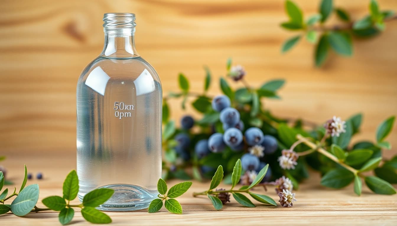 Kolloidales Silber 50 ppm in einer eleganten Flasche auf Holz präsentiert, um natürliche Reinheit und Qualität zu betonen.