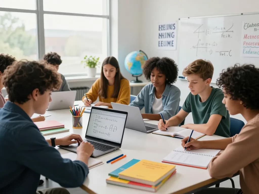 Studierende arbeiten gemeinsam daran, Hausaufgaben in einem hellen Bildungsraum mit Büchern und motivierenden Zitaten zu lösen.