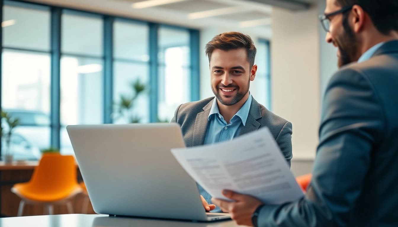 Headhunter IT discusses job opportunities with a candidate in a modern office.