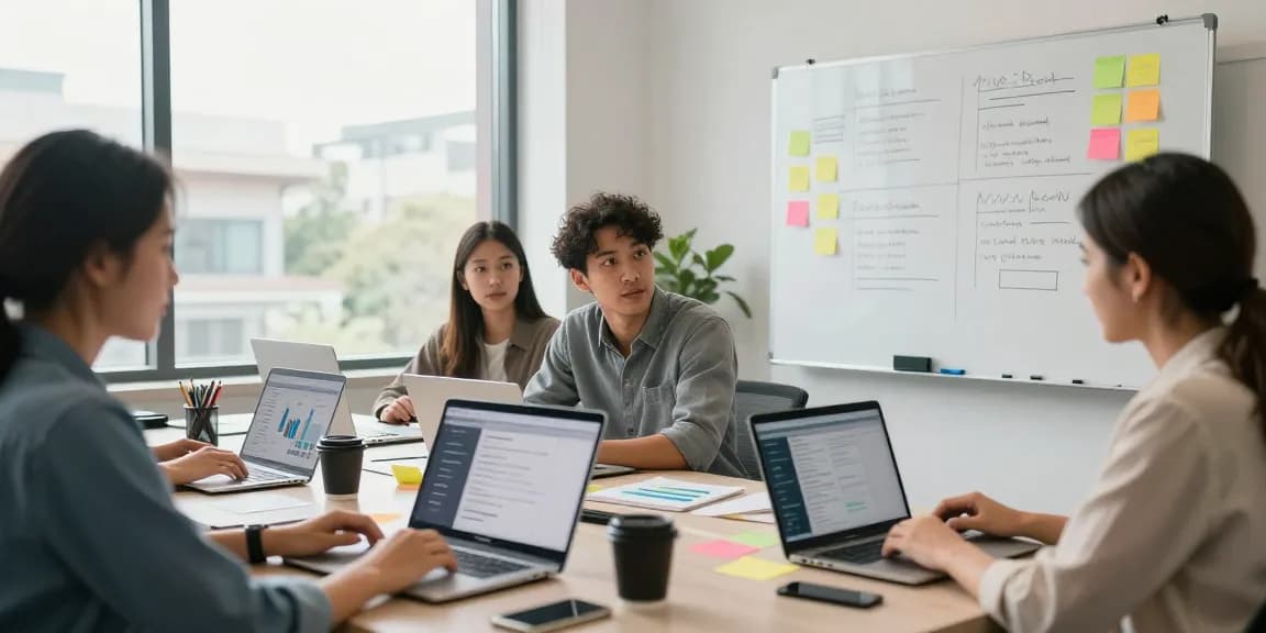 In einem modernen Büro arbeiten Teams zusammen, um die Arbeitskultur zu bewerten und Feedback zu analysieren.