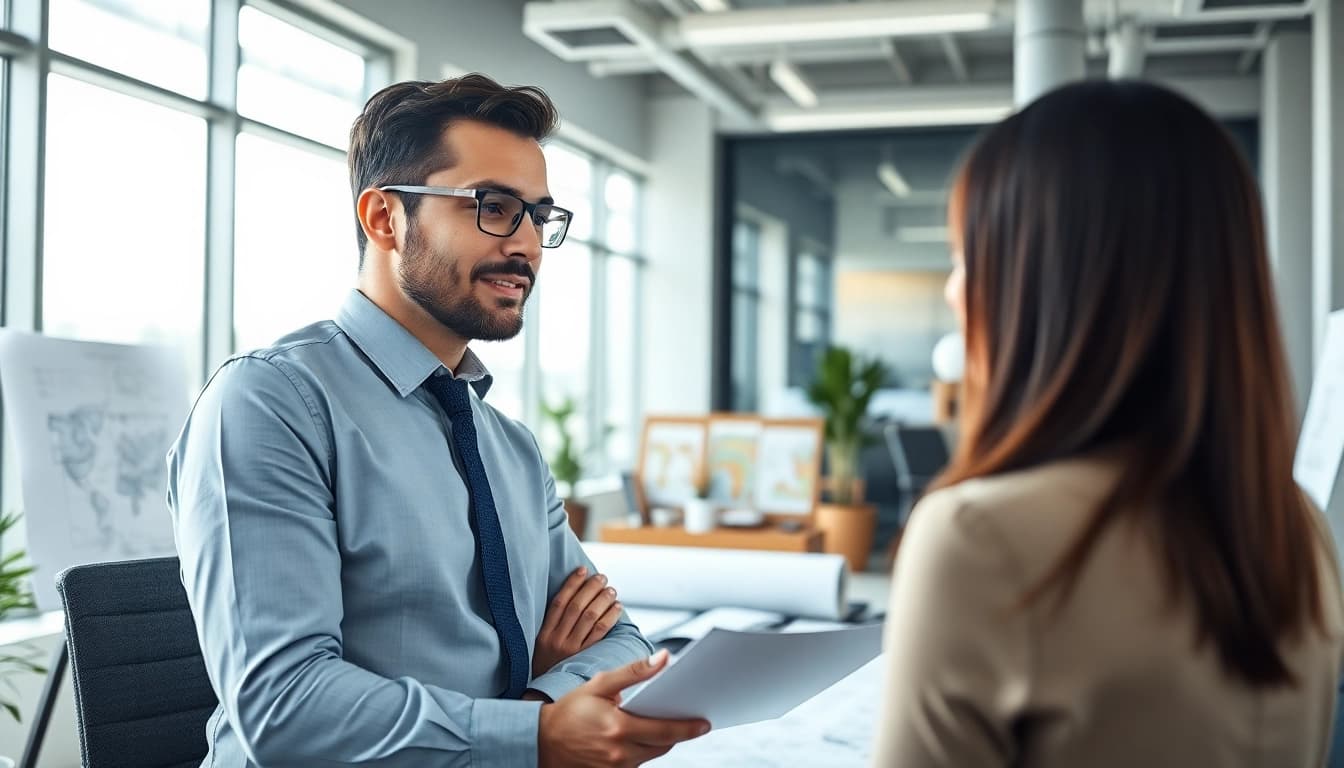 Headhunter Ingenieure im Gespräch mit einem Kandidaten in einem modernen Büro.