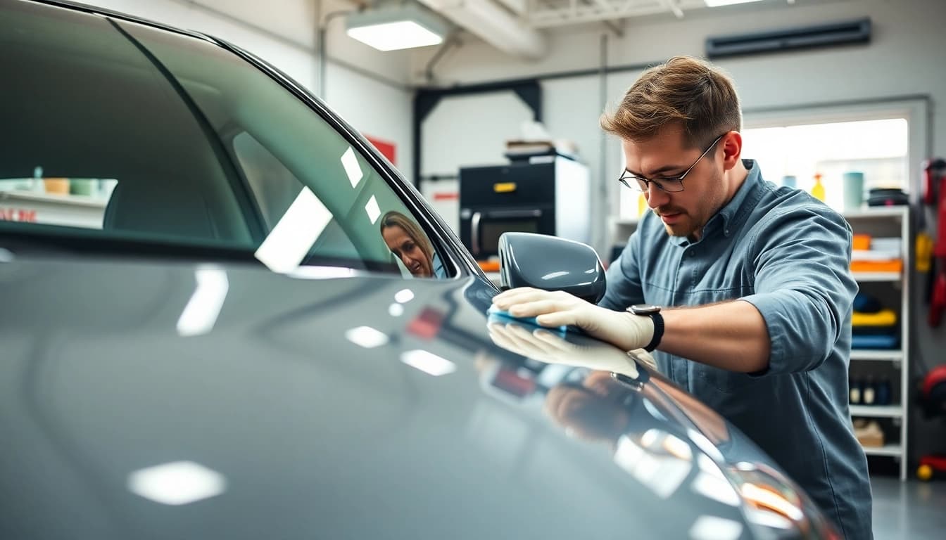Fahrzeugaufbereitung in action mit einem Autotechniker, der ein Auto professionell poliert.