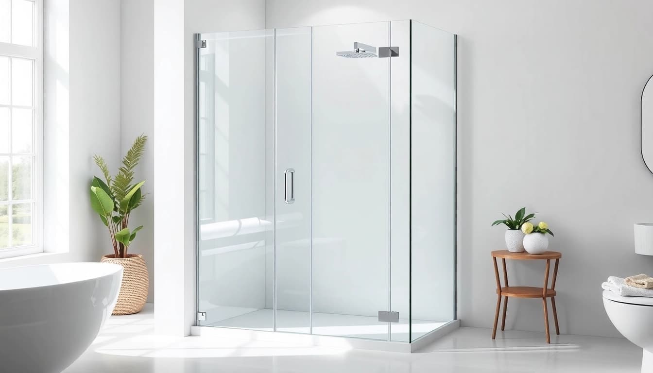 Duschkabine 90x90 in modernem Badezimmer mit glasklaren Türen und eleganten Armaturen.