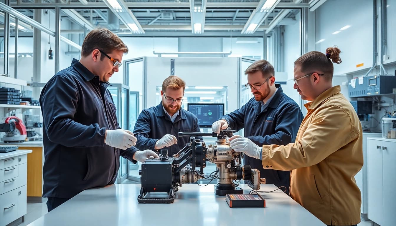 Engineers conducting a Funktionsprüfung in a modern lab environment.