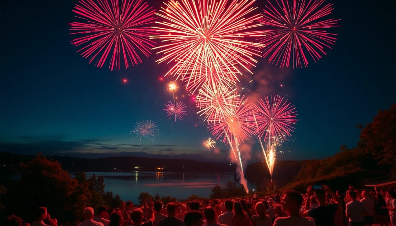 Witness stunning fireworks for sale lighting up the night sky, creating a festive atmosphere over a joyful crowd.