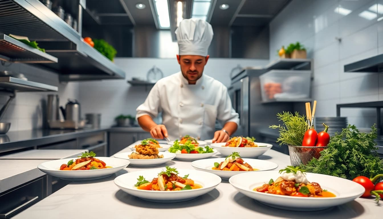 Gastronomie in action: Ein professioneller Koch kreiert Kunstwerke aus frischen Zutaten in einer modernen Küche.