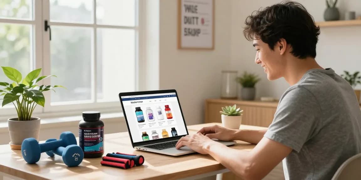 Engagierter Käufer erkundet die Medi Pharma Shop-Website mit Fitnessprodukten in einem hellen Homeoffice.
