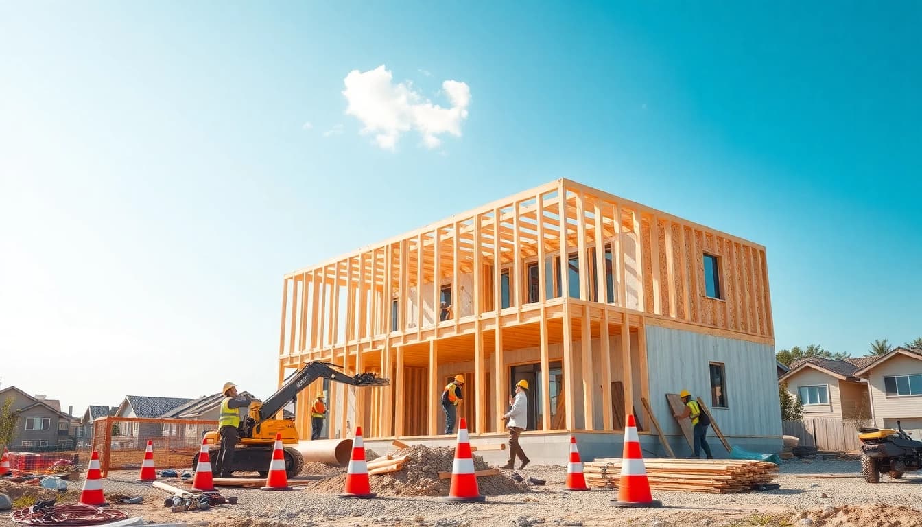 Haus bauen mit einem modernen Bauprojekt, das Handwerker und Gerätschaften zeigt