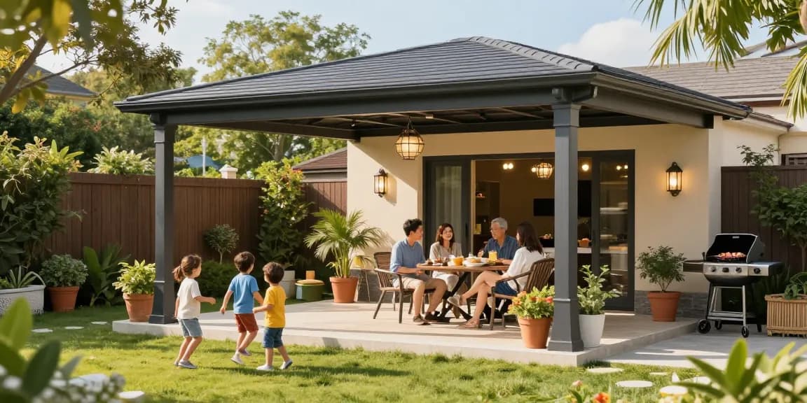 Stylische Terrassenüberdachung freistehend im Garten mit Familie.