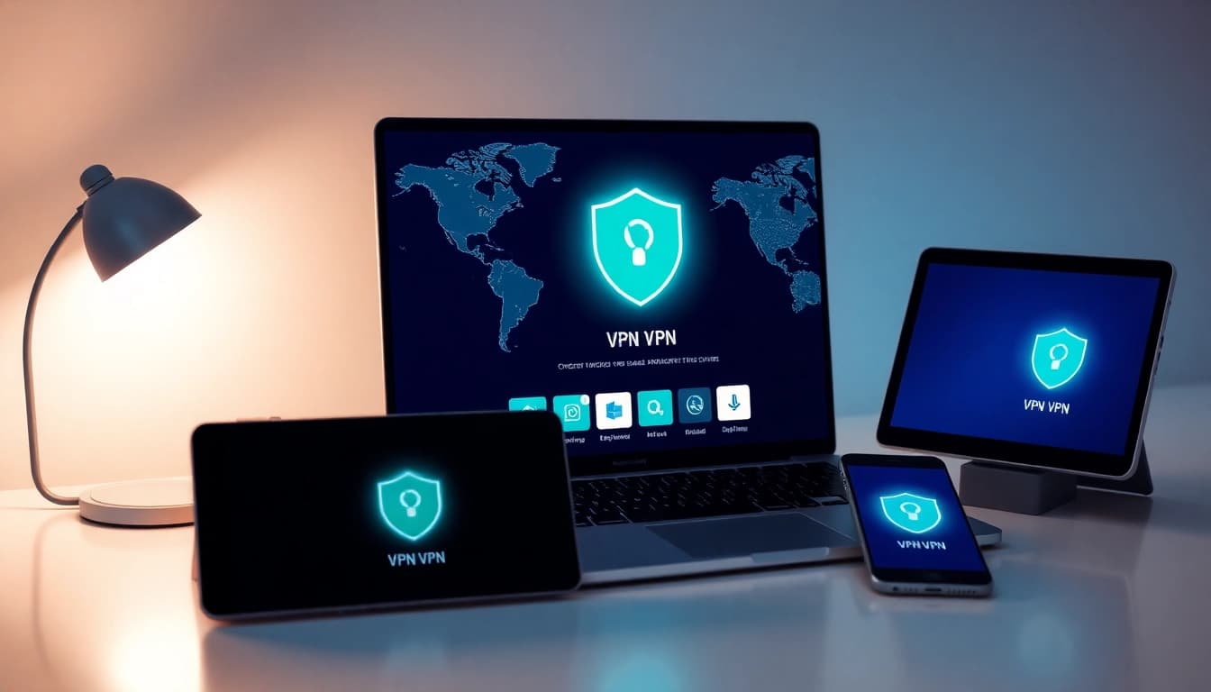 快连官网 展示了一个现代化工作空间，设备上显示 VPN 应用，强调速度与安全性。