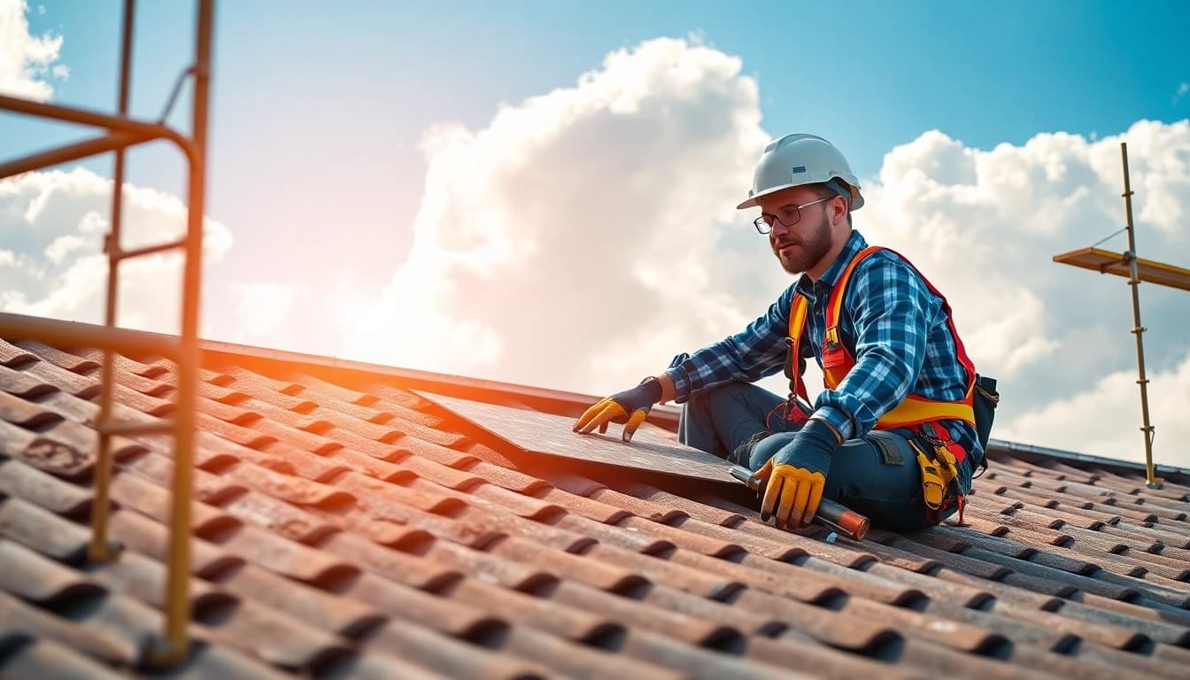 Gestalten Sie Ausschreibung Dacharbeiten professionell mit einem erfahrenen Dachdecker bei der Arbeit.