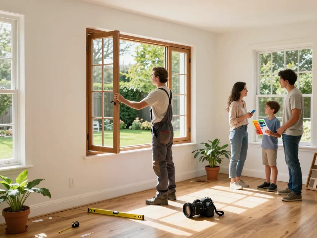 Fensterbau Bonn Szene einer Heimfensterinstallation mit Installateur und Familie, die Optionen besprechen