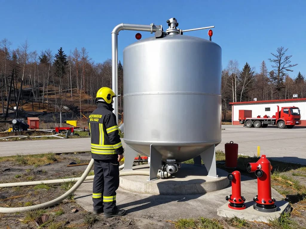 Löschwasserzisterne DIN 14230 Installation zur Brandschutzinspektion in industrieller Umgebung mit Techniker und Ausrüstung