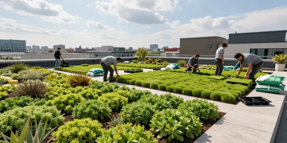 Installation eines umfangreichen Dachgartens mit lebhaften Sedum-Pflanzen, Fokus auf intensiver Dachbegrünung.