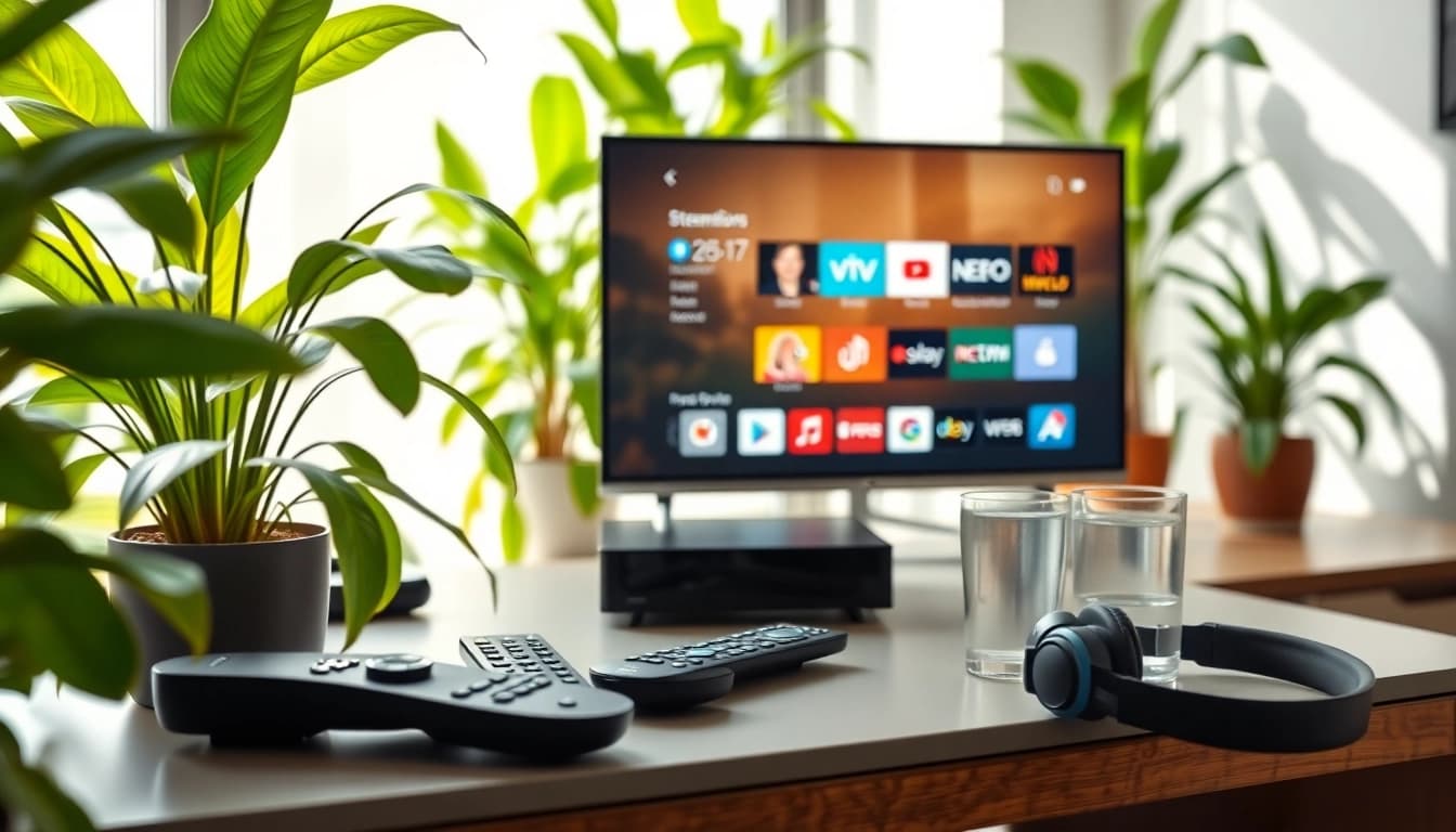 Streamisly iptv auf einem modernen Fernseher mit Fernbedienungen und Pflanzen im Hintergrund.