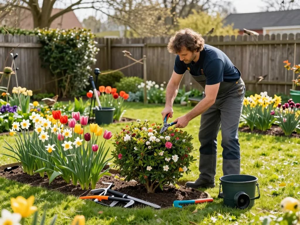 Fesselnde Gartenarbeiten in Münster mit einem Gärtner, der blühende Hecken in einem lebendigen Frühlingsgarten schneidet.