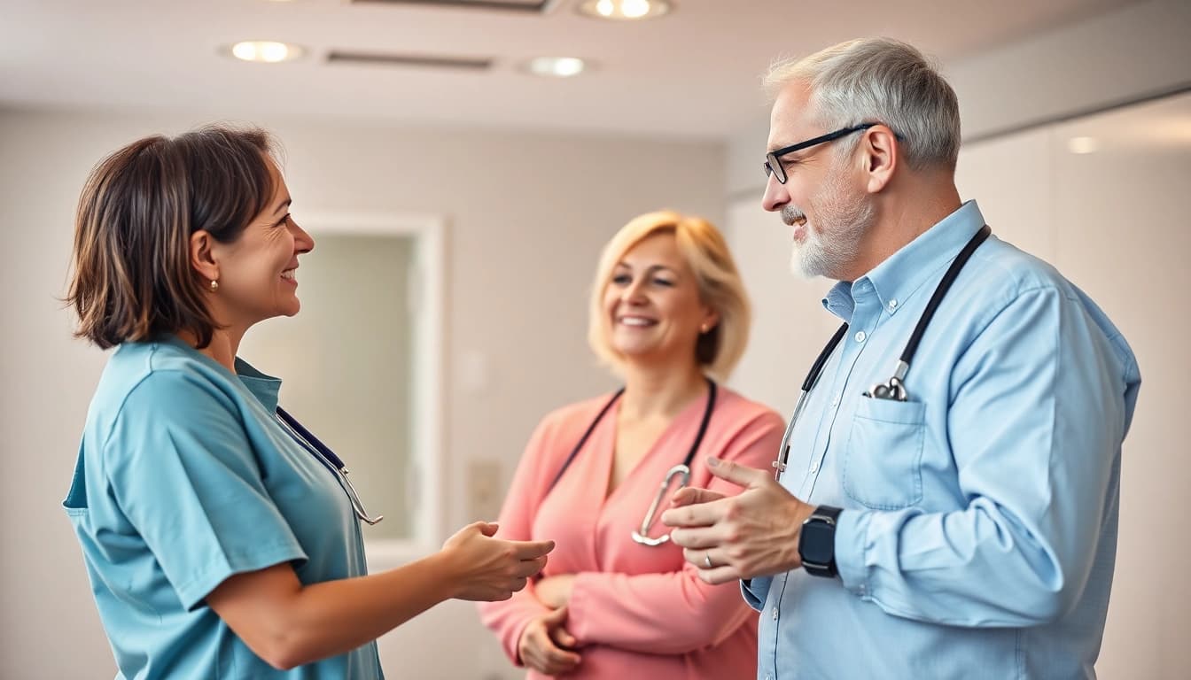 Werbung für Pflegedienste zeigt freundliche Pflegekräfte, die Patienten betreuen und Vertrauen aufbauen.