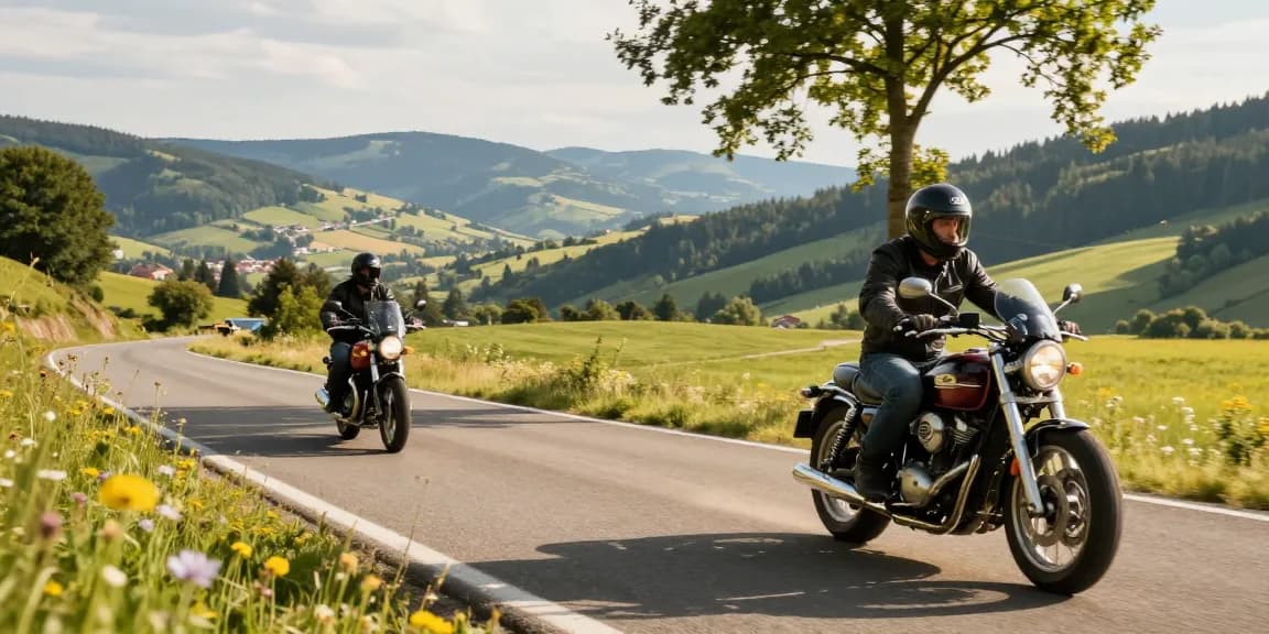 Erleben Sie den Nervenkitzel der besten Straßen Motorradfahren Deutschland mit Motorradfahrern auf einer malerischen Bergstraße.