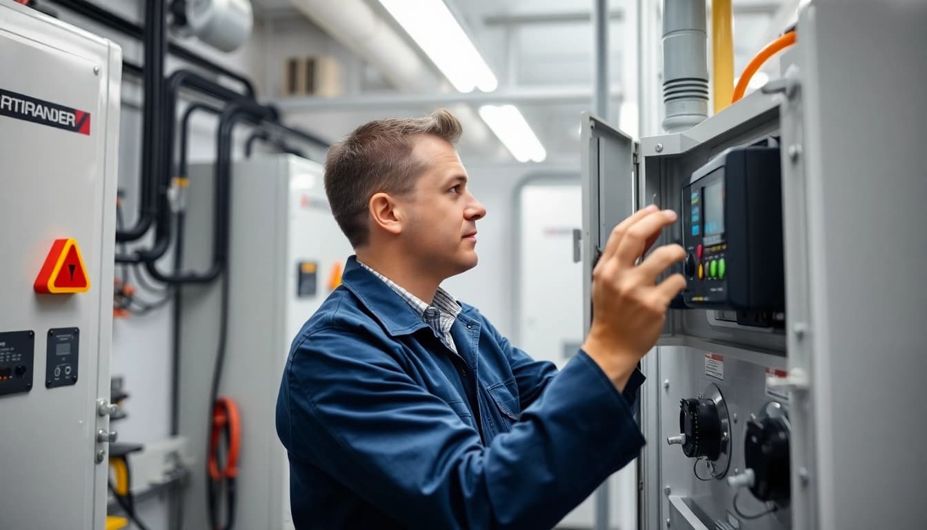 Technician performing a DGUV V3 Prüfung on electrical devices, ensuring workplace safety and compliance.