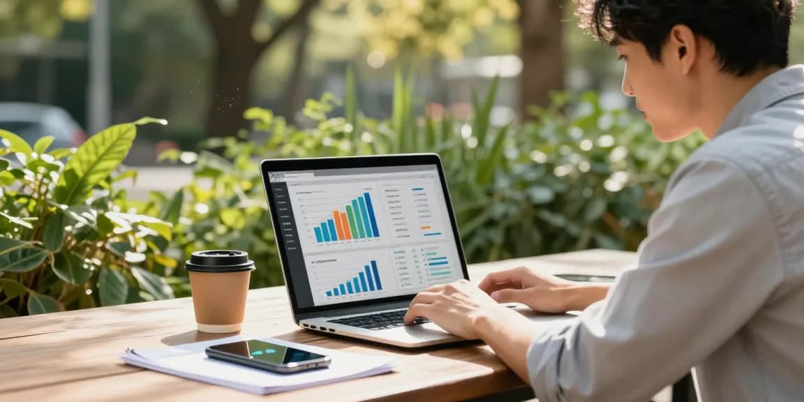 Professionell im Freien an digitalen Marketingstrategien für eine GEO Agentur arbeiten.
