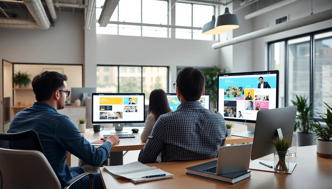 Webflow Agentur team collaborating on designs in a vibrant, modern workspace.