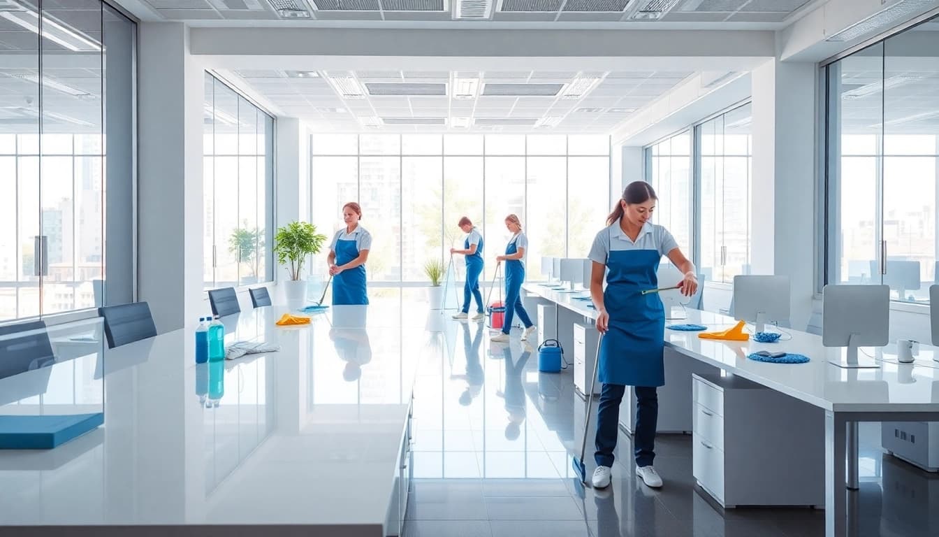 Effektive Hofreinigung in modernem Büro mit professionellem Reinigungsteam.