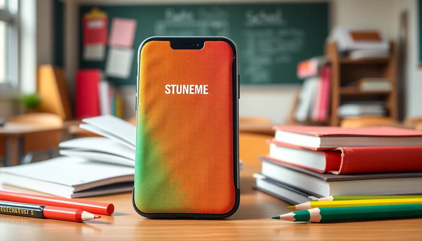 Handytasche Schule auf einem Schreibtisch mit Schulmaterialien, ideal für Schüler.