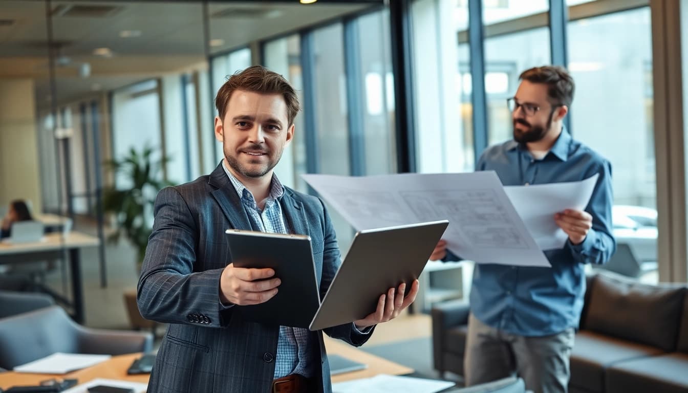 Headhunter Ingenieure im Gespräch mit einem Ingenieur in einem modernen Büro.