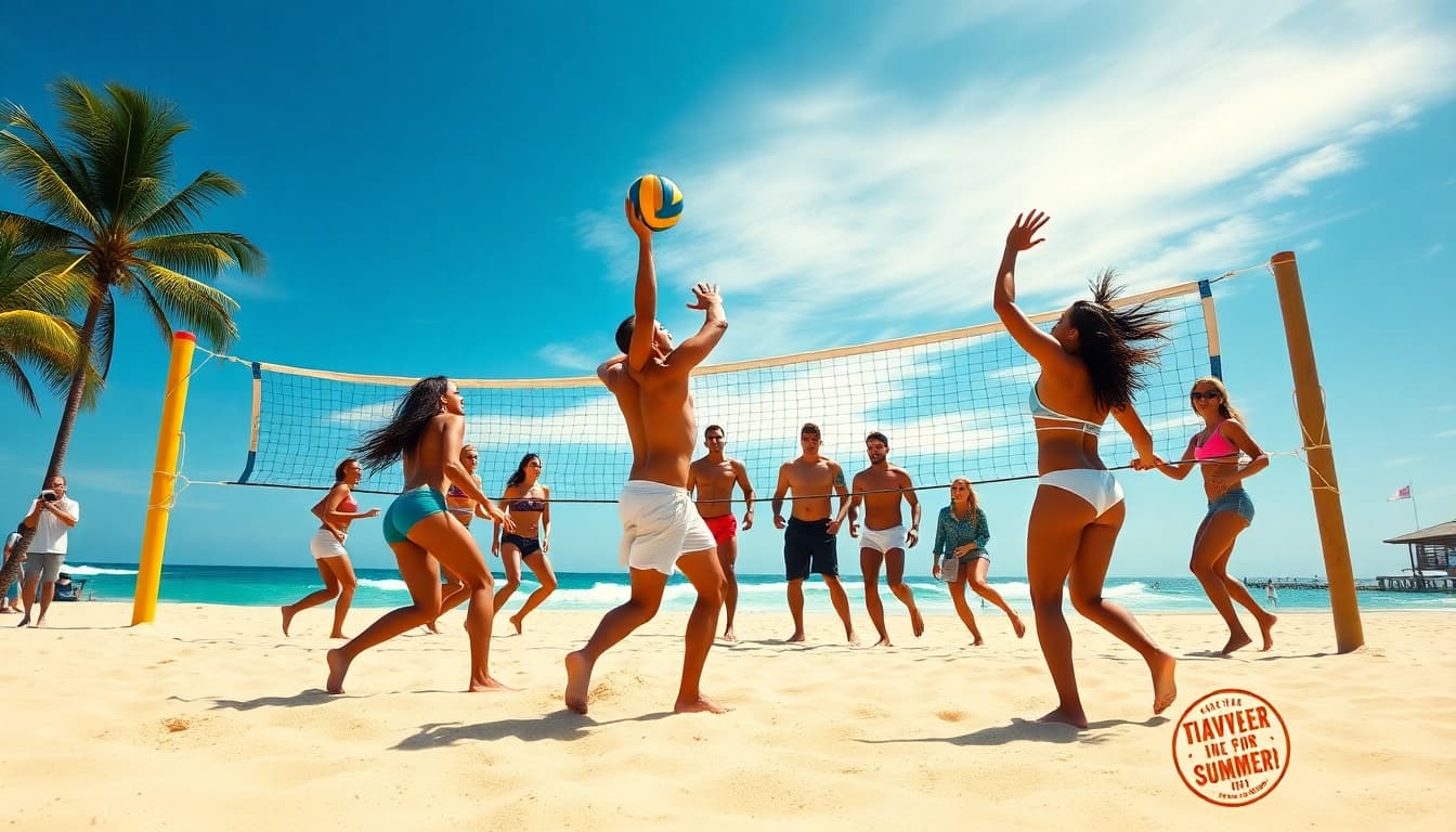 Aktive Teilnehmer am Beach Volleyball Camp im sonnigen Strandumfeld.