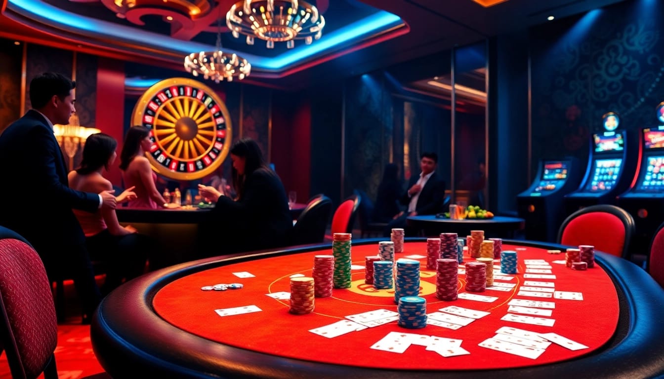 Players engage in intense poker gameplay at https://gg88.media/, surrounded by vibrant casino elements.
