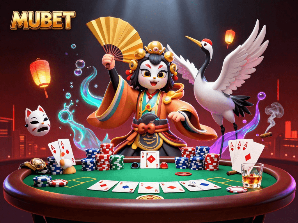 MUBET showcases a vibrant casino scene with a kabuki warrior and kitsune engaging in rich poker action.