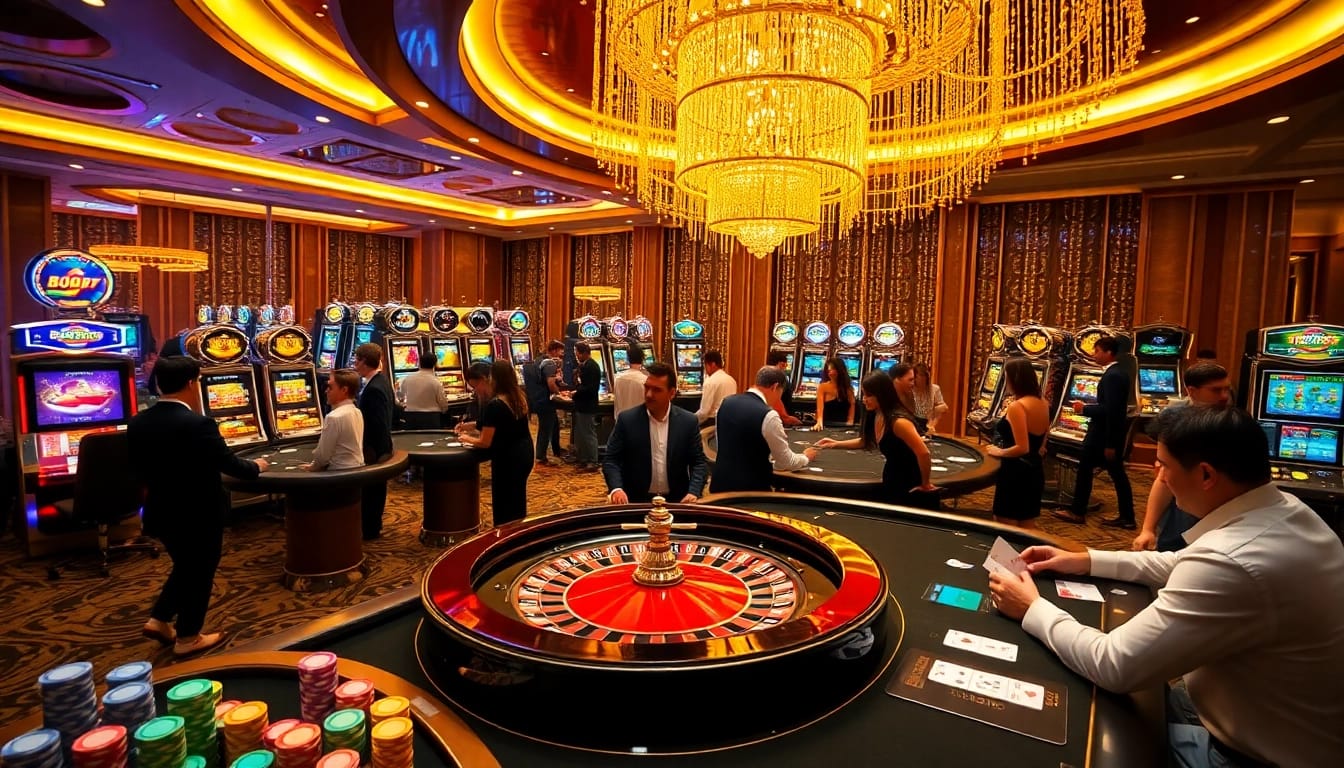 Engaged players enjoying thrilling games at 789P Casino with vibrant roulette wheels and slot machines.