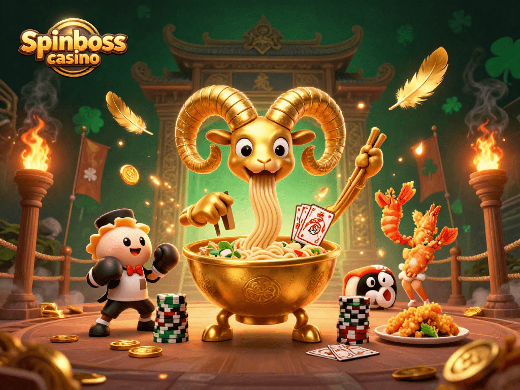 Interaktive Spielszene im spinboss casino mit einem goldenen Ramen-Bowl und seinen kämpfenden Freunden.