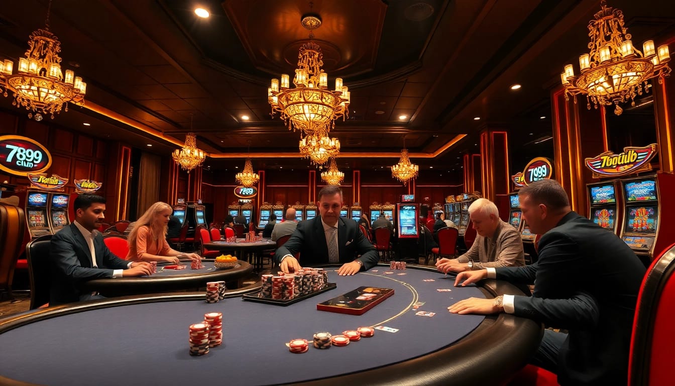A thrilling gambling scene at 789club featuring lively poker action and luxurious casino decor.