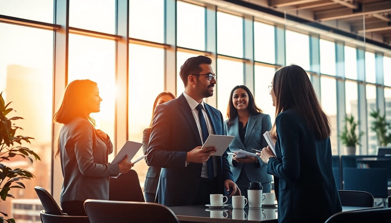Headhunter CEO engaging diverse candidates in a modern office.