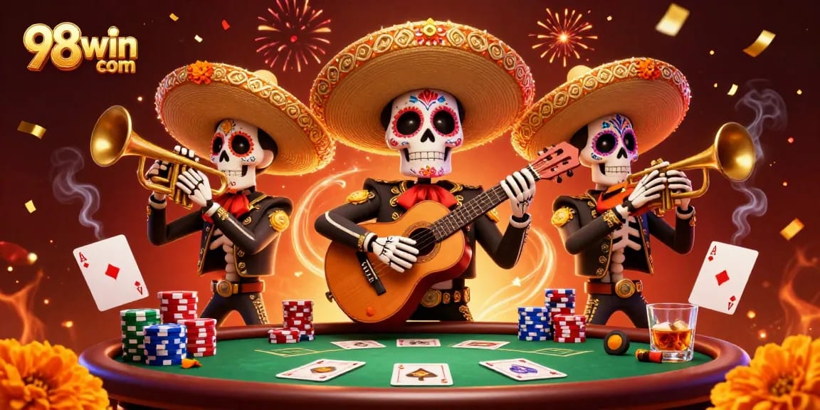 Capture the excitement of gambling with a vibrant scene featuring 98win com mariachi skeletons at a poker table.