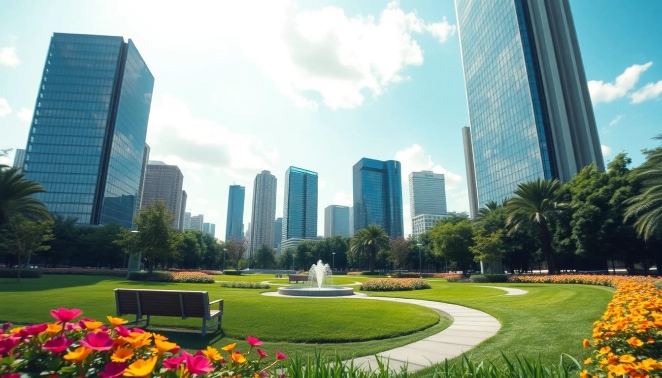 Architektur visualisierung von einem modernen Stadtpark mit Wolkenkratzern und lebendiger Natur.