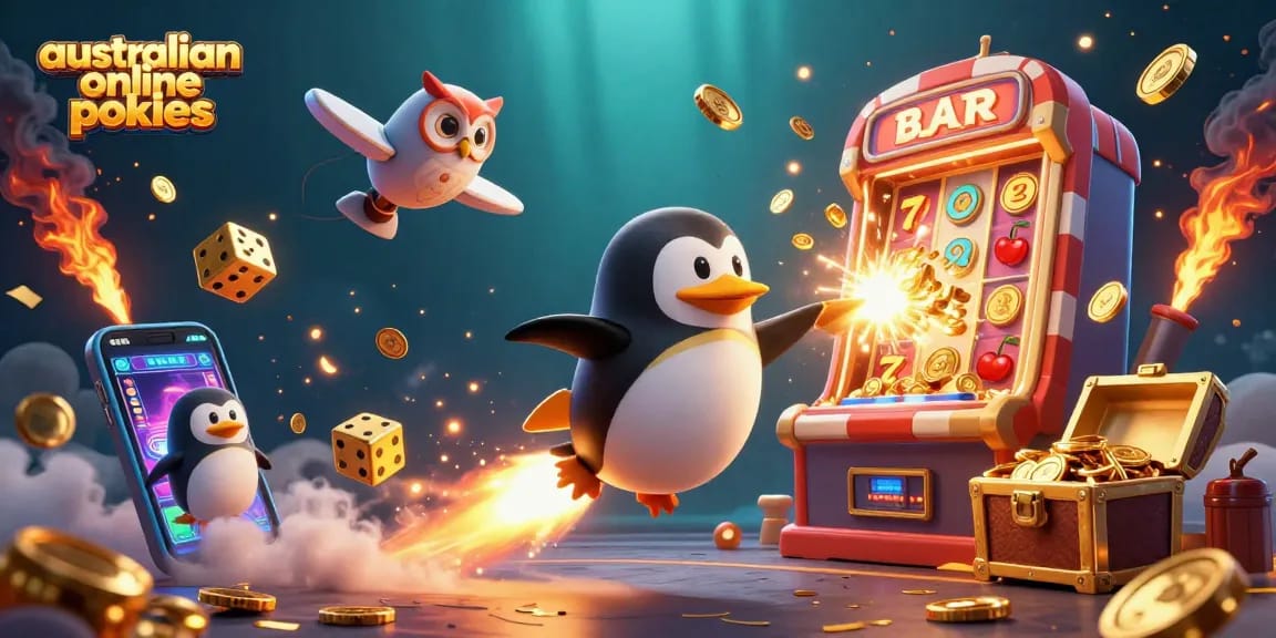 Win big with vibrant australian online pokies featuring a golden penguin and jackpot slots.