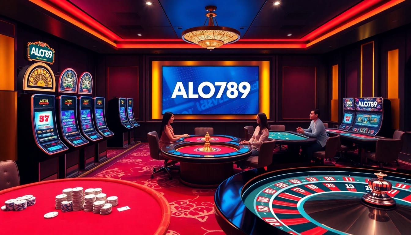 Exciting gambling scene featuring ALO789 chính chủ with slot machines, poker tables, and a roulette wheel.