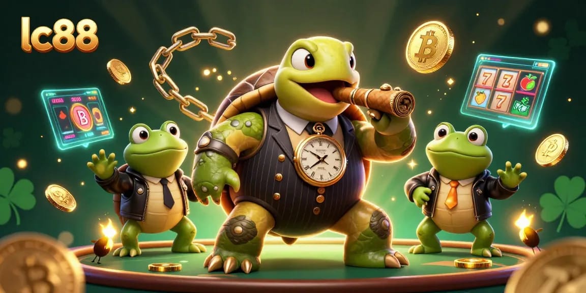 Experience the excitement of lc88 gaming with a charismatic turtle and bullfrogs in a vibrant casino setting.