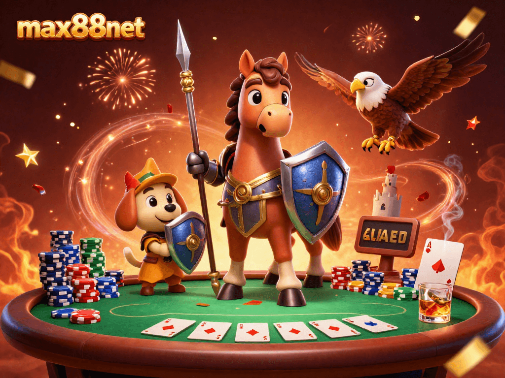 Engage players at max88net with a vibrant 3D illustration of a medieval knight, squire, and falcon in a casino scene