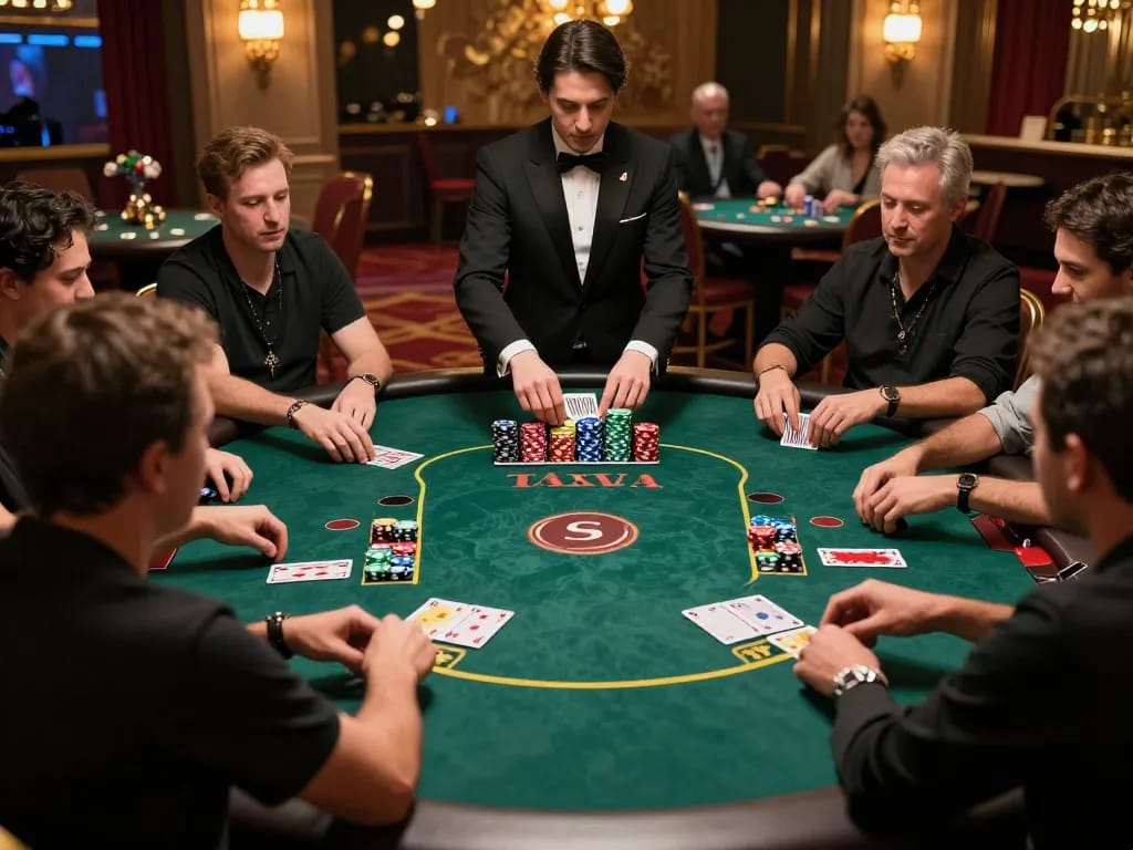 Dynamic scene at the trang chủ 8KBET poker table with players engaged in high-stakes gameplay and dealer distributing cards.