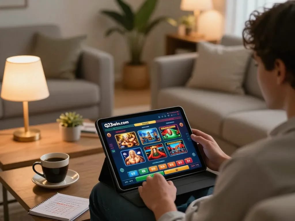 Player enjoying a dynamic gaming experience on q23win.com with tablet and betting notes