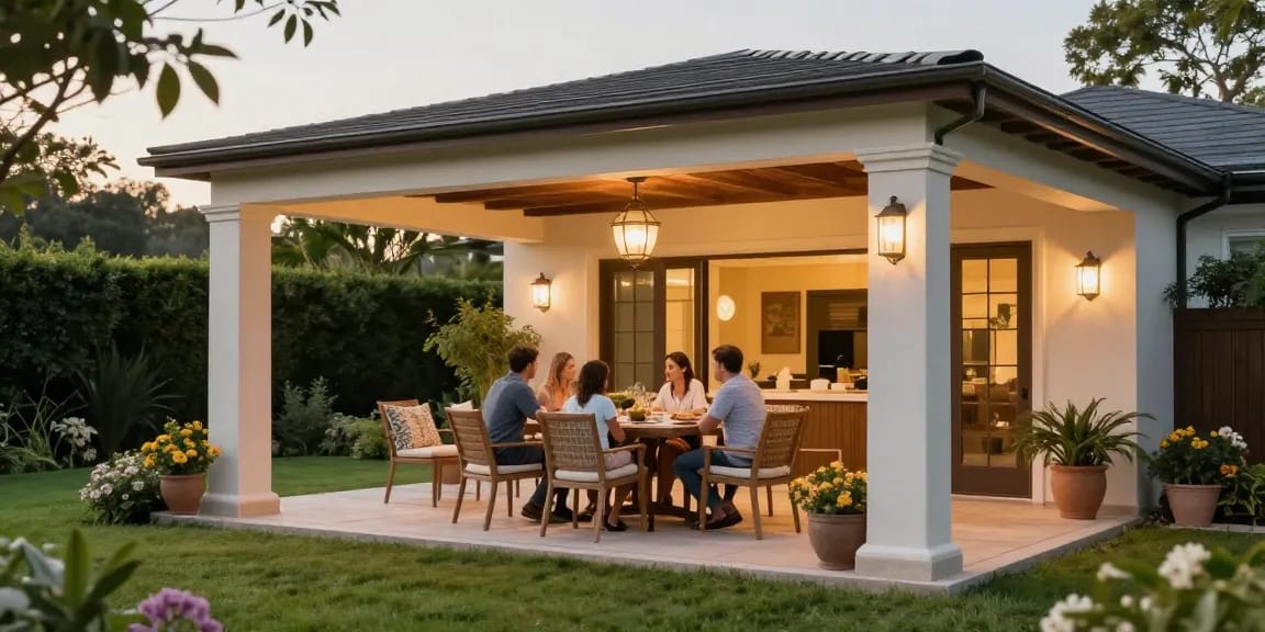 Freistehende Terrassenüberdachung in einem einladenden Garten mit einer Familie beim Essen im Freien
