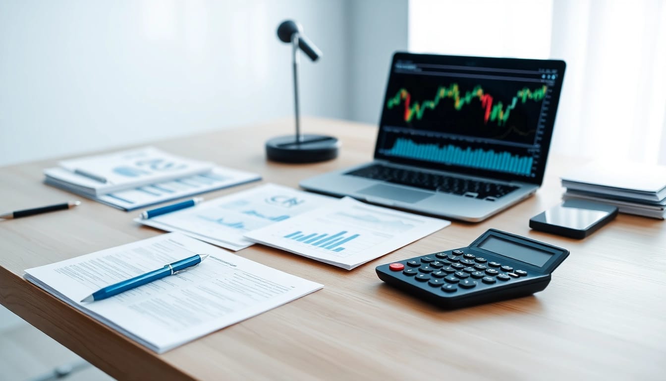 Wertpapiere auf einem professionellen Finanzanalyse-Desk mit Laptop und Dokumenten.