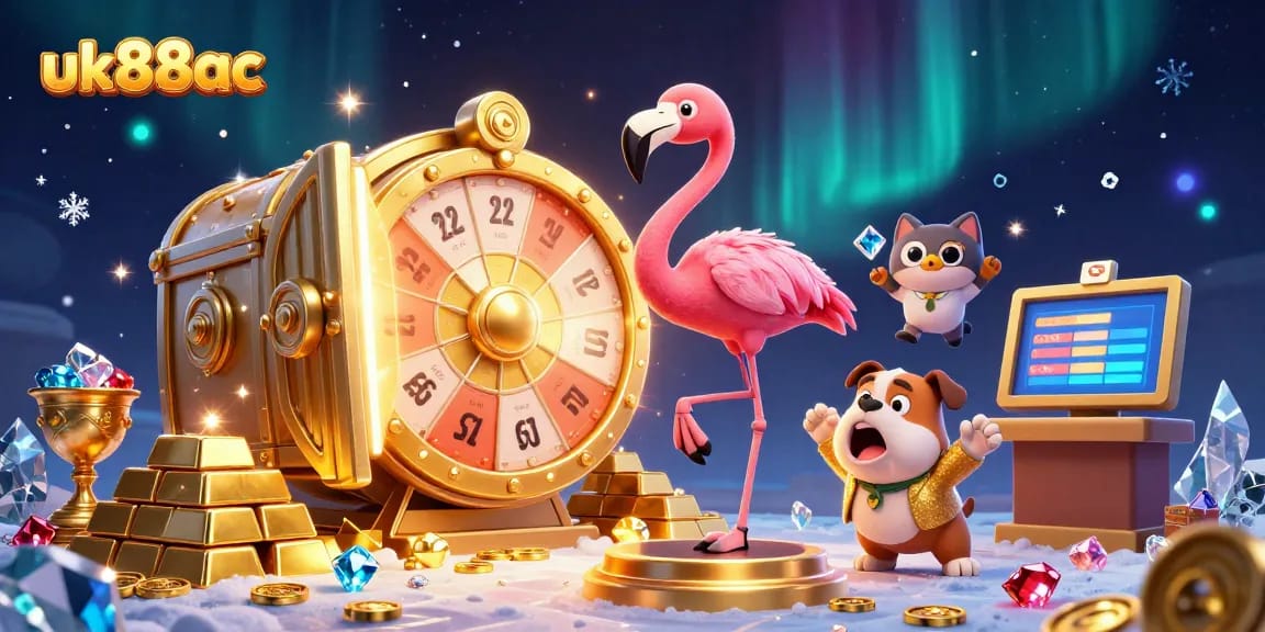 Spin to win with uk88ac as the flamingo game show host dazzles in a vibrant prize wheel scene.