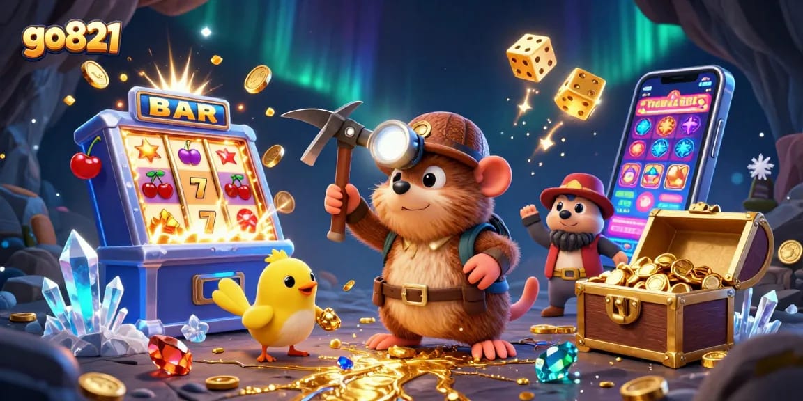 Experience thrilling game action with go821's vibrant 3D casino scene full of spins and winnings.