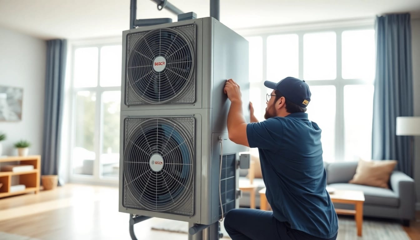 Die wärmepumpe bosch bei der Installation durch einen Techniker in einem modernen Wohnumfeld.